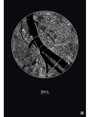 Riga Satellite View Poster 2.5km B&W | Gravura – Dark background