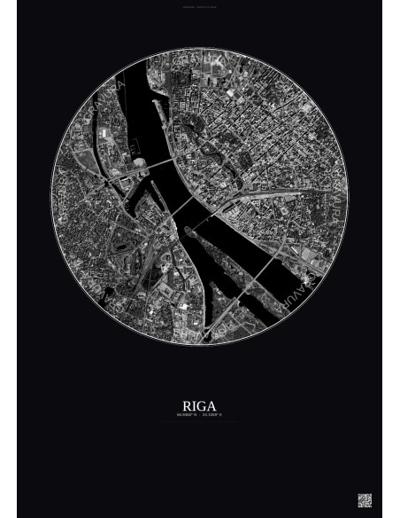 Riga Satellite View Poster 2.5km B&W | Gravura – Dark background