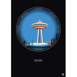 Affiche Astana – Poster illustration vintage – Bayterek | Gravura – Fond foncé