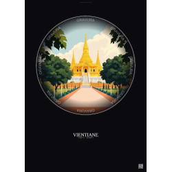 Affiche Vientiane – Poster illustration vintage – Haw Phra Kaew | Gravura – Fond foncé