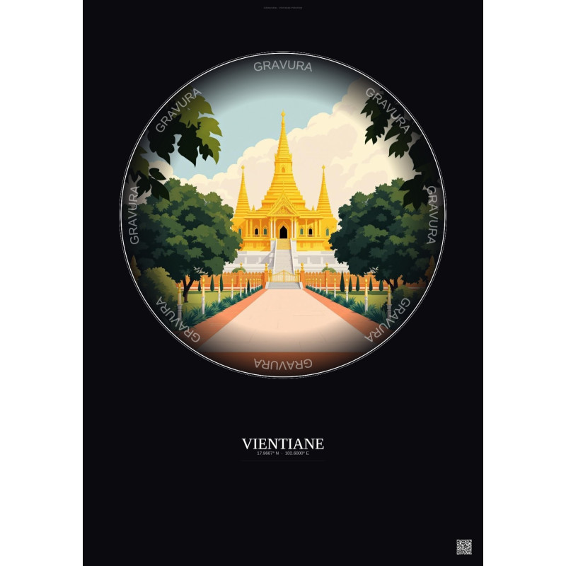 Affiche Vientiane – Poster illustration vintage – Haw Phra Kaew | Gravura – Fond foncé