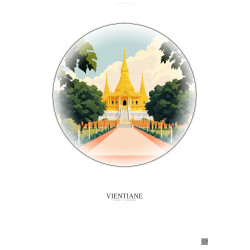 Affiche Vientiane – Poster illustration vintage – Haw Phra Kaew | Gravura – Fond clair