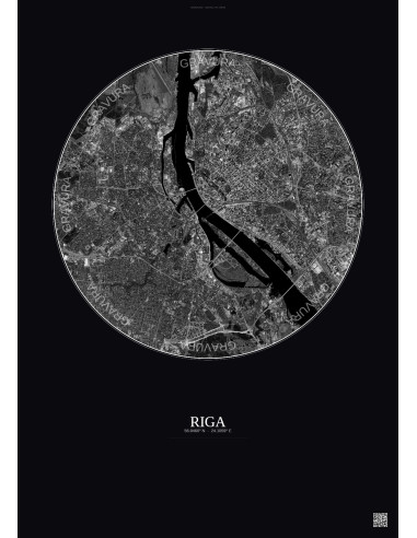 Riga Satellite View Poster 6km B&W | Gravura – Dark background