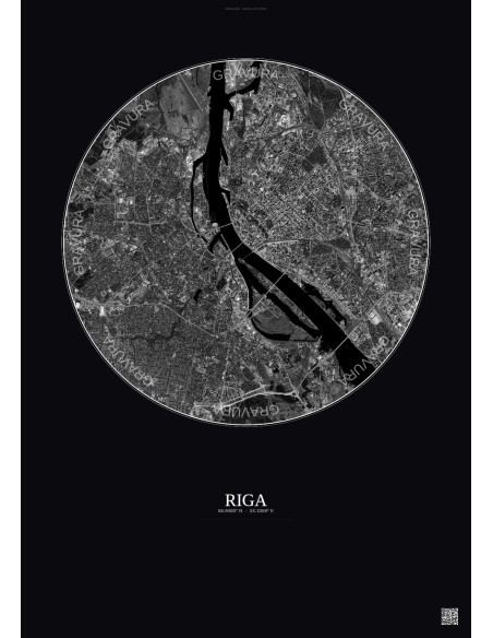 Riga Satellite View Poster 6km B&W | Gravura – Dark background