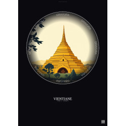 Affiche Vientiane – Poster illustration vintage – Pha That Luang | Gravura – Fond foncé