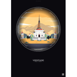 Affiche Vientiane – Poster illustration vintage – Wat Si Muang | Gravura – Fond foncé