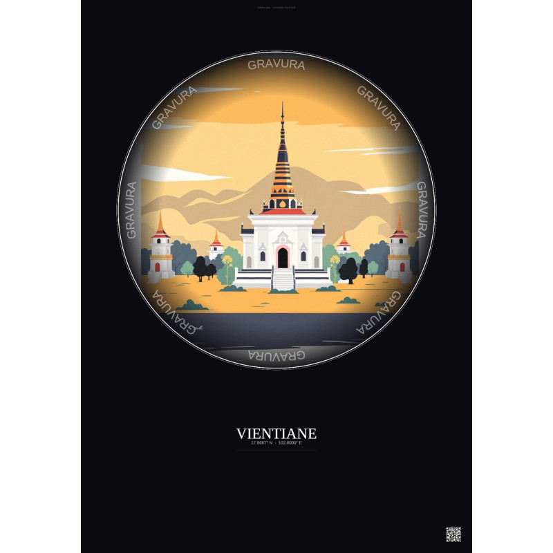 Affiche Vientiane – Poster illustration vintage – Wat Si Muang | Gravura – Fond foncé