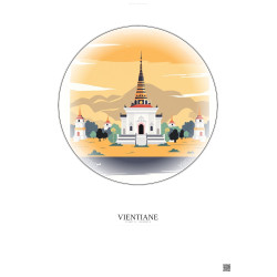 Affiche Vientiane – Poster illustration vintage – Wat Si Muang | Gravura – Fond clair