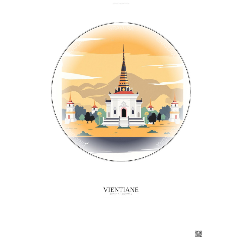 Affiche Vientiane – Poster illustration vintage – Wat Si Muang | Gravura – Fond clair