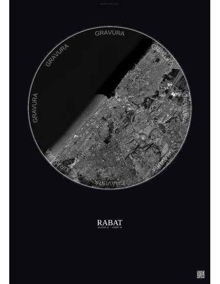 Rabat Satellite View Poster 10km B&W | Gravura – Dark background