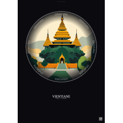 Affiche Vientiane – Poster illustration vintage – Wat Si Saket | Gravura – Fond foncé