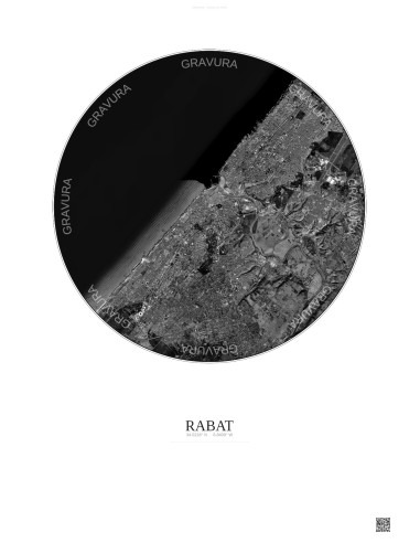 Affiche Rabat – Poster vue satellite 10km N&B | Gravura – Fond clair