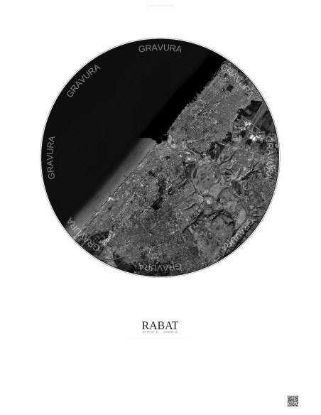 Affiche Rabat – Poster vue satellite 10km N&B | Gravura – Fond clair