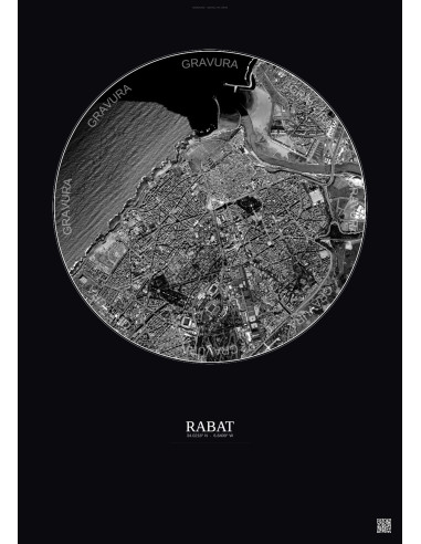 Affiche Rabat – Poster vue satellite 2.5km N&B | Gravura – Fond foncé