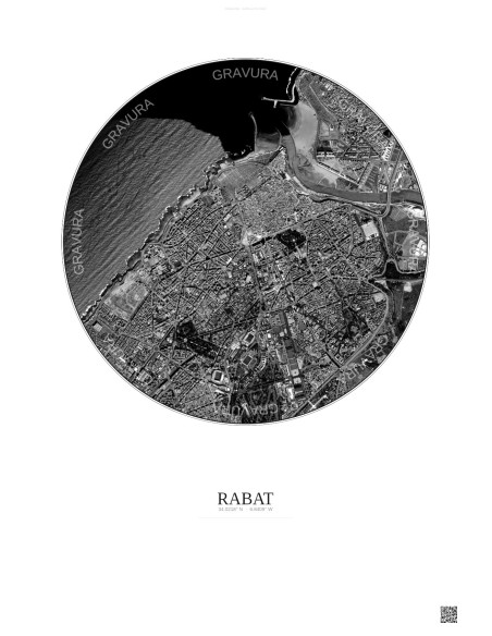 Affiche Rabat – Poster vue satellite 2.5km N&B | Gravura – Fond clair