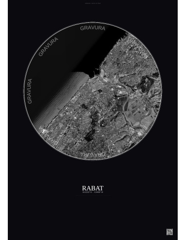 Rabat Satellite View Poster 6km B&W | Gravura – Dark background
