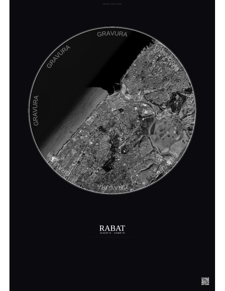 Rabat Satellite View Poster 6km B&W | Gravura – Dark background