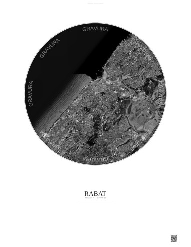 Affiche Rabat – Poster vue satellite 6km N&B | Gravura – Fond clair