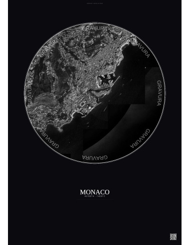 Affiche Monaco – Poster vue satellite 2.5km N&B | Gravura – Fond foncé