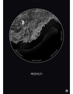 Affiche Monaco – Poster vue satellite 5km N&B | Gravura – Fond foncé