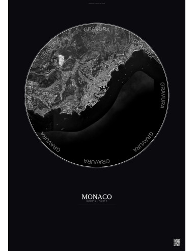 Affiche Monaco – Poster vue satellite 5km N&B | Gravura – Fond foncé