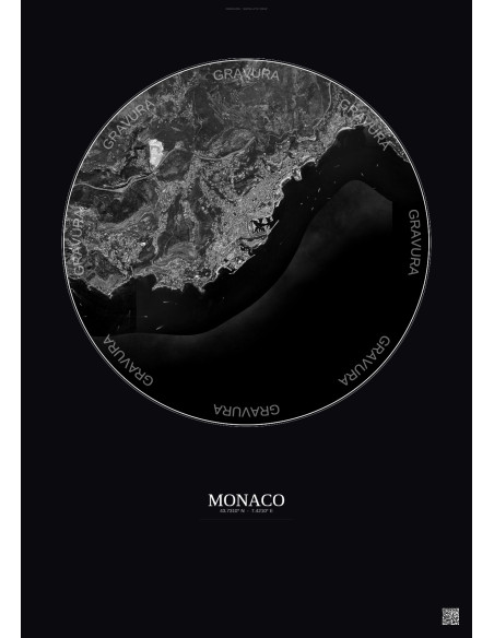 Affiche Monaco – Poster vue satellite 5km N&B | Gravura – Fond foncé