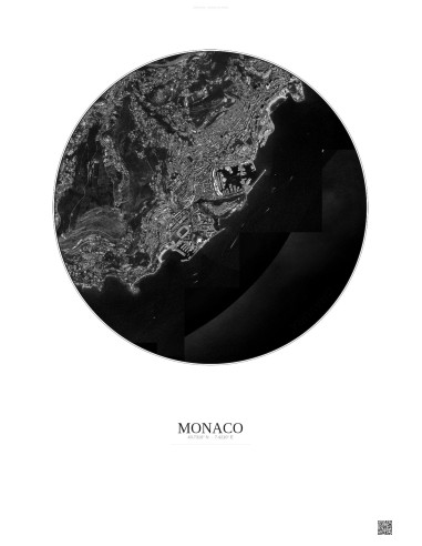 Affiche Monaco – Poster vue satellite 2.5km N&B | Gravura – Fond clair