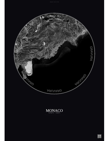 Affiche Monaco – Poster vue satellite 10km N&B | Gravura – Fond foncé