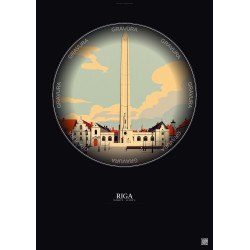 Affiche Riga – Poster illustration vintage – Freedom Monument | Gravura – Fond foncé