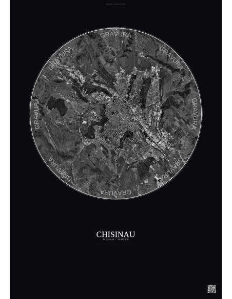 Affiche Chisinau – Poster vue satellite 10km N&B | Gravura – Fond foncé
