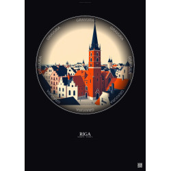 Affiche Riga – Poster illustration vintage – St Peter S Church | Gravura – Fond foncé