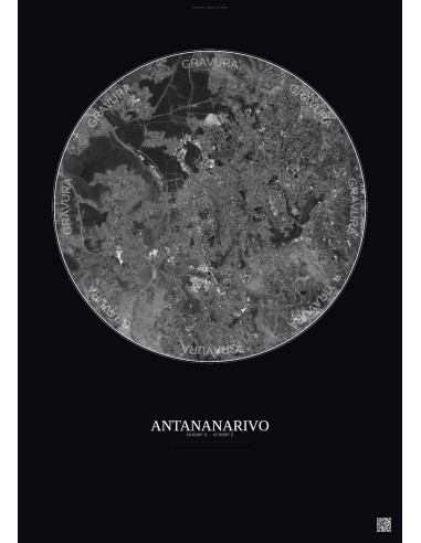 Affiche Antananarivo – Poster vue satellite 10km N&B | Gravura – Fond foncé