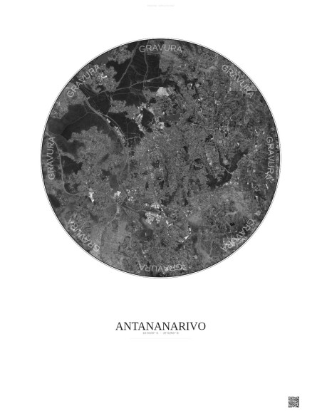 Affiche Antananarivo – Poster vue satellite 10km N&B | Gravura – Fond clair