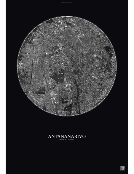Antananarivo Satellite View Poster 2.5km B&W | Gravura – Dark background