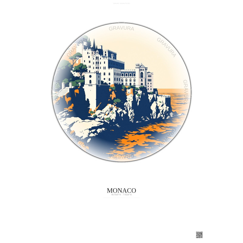 Affiche Monaco – Poster illustration vintage – Musee Oceanographique De Monaco | Gravura – Fond clair