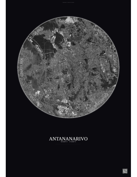 Antananarivo Satellite View Poster 6km B&W | Gravura – Dark background