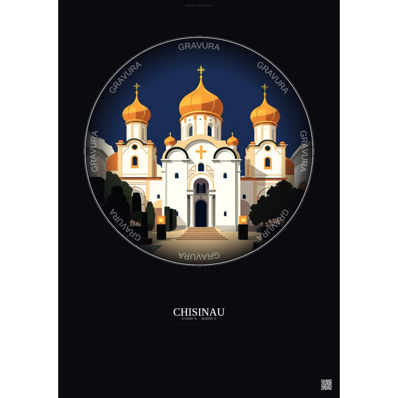 Affiche Chisinau – Poster illustration vintage – Nativity Of Christ Cathedral | Gravura – Fond foncé