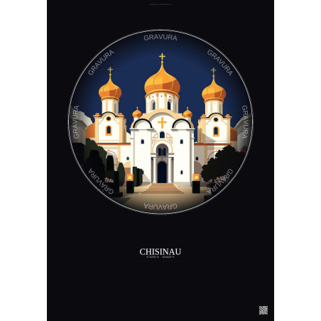 Affiche Chisinau – Poster illustration vintage – Nativity Of Christ Cathedral | Gravura – Fond foncé