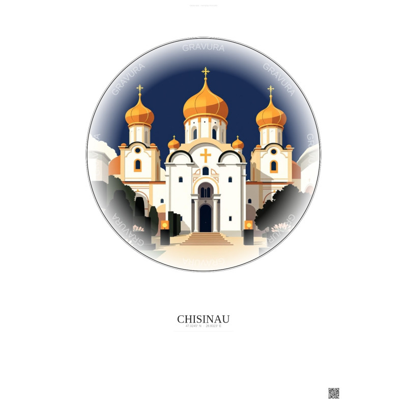 Affiche Chisinau – Poster illustration vintage – Nativity Of Christ Cathedral | Gravura – Fond clair