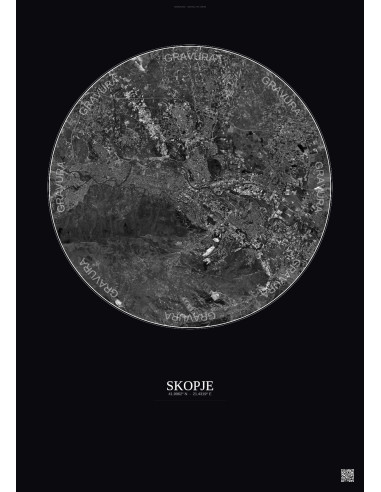 Affiche Skopje – Poster vue satellite 10km N&B | Gravura – Fond foncé