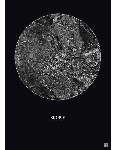 Affiche Skopje – Poster vue satellite 2.5km N&B | Gravura – Fond foncé