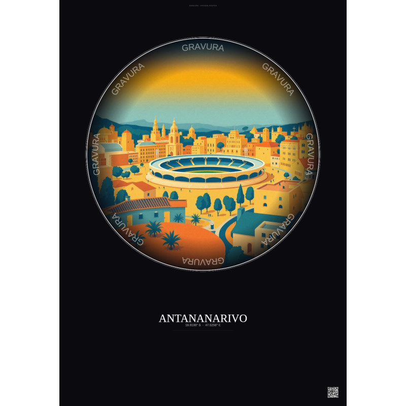 Affiche Antananarivo – Poster illustration vintage – Mahamasina Municipal Stadium | Gravura – Fond foncé
