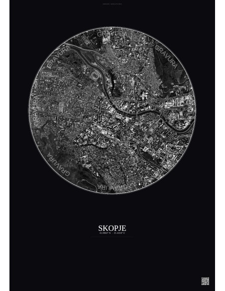 Affiche Skopje – Poster vue satellite 2.5km N&B | Gravura – Fond foncé