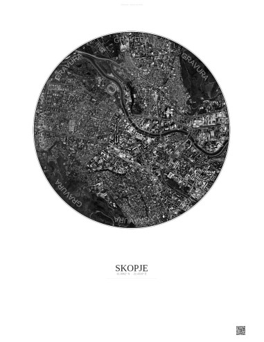 Affiche Skopje – Poster vue satellite 2.5km N&B | Gravura – Fond clair