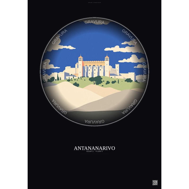 Affiche Antananarivo – Poster illustration vintage – Rova Of Antananarivo | Gravura – Fond foncé