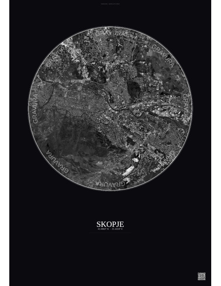 Affiche Skopje – Poster vue satellite 6km N&B | Gravura – Fond foncé