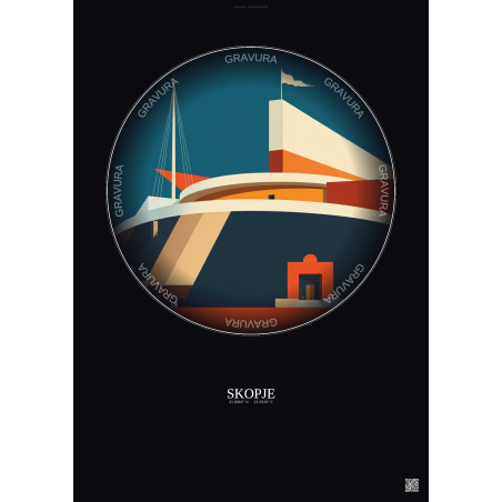 Affiche Skopje – Poster illustration vintage – Arena Philip Ii Of Macedonia Tose Proeski Todor | Gravura – Fond foncé
