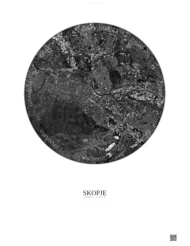 Skopje Satellite View Poster 6km B&W | Gravura – Light background