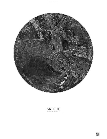 Skopje Satellite View Poster 6km B&W | Gravura – Light background