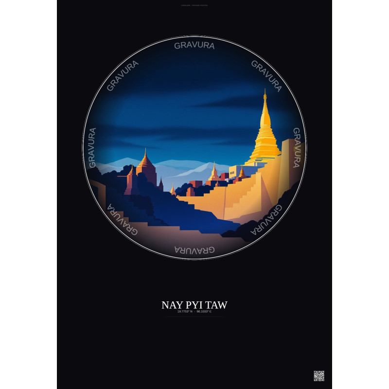 Affiche Nay Pyi Taw – Poster illustration vintage – Famous Viewpoint Of Nay Pyi Taw | Gravura – Fond foncé